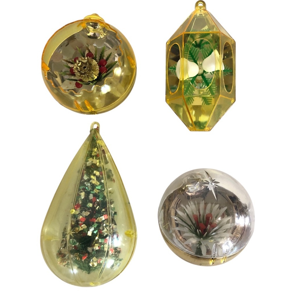 VINTAGE 50s 60s Jewel Brite Lot of 4 Yellow / Gold Christmas Ornaments Holiday